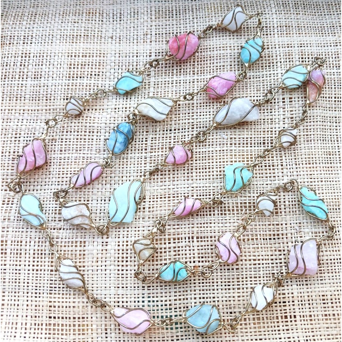Vtg Unique Gold Tone Wire Caged Multicolor Gemstone 30 Necklace Womens Jewelry 20$